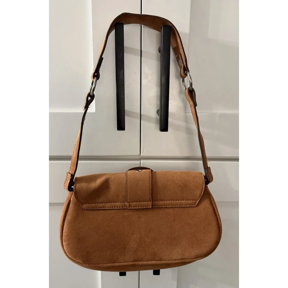 Faux Leather Suede Hobo Cognac Brown Bag Purse Tote Silver Hardware Festival